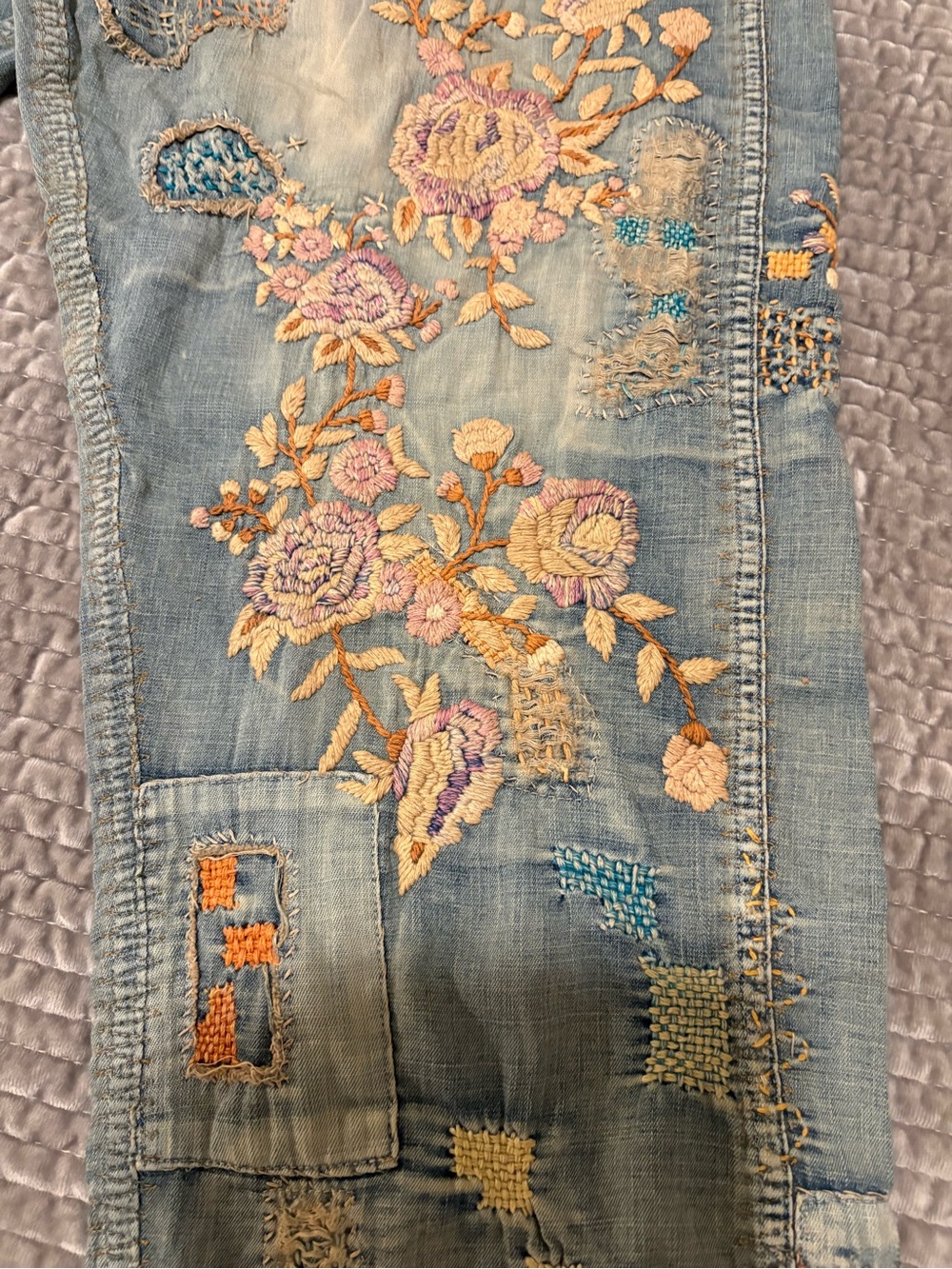 Magnolia Pearl Embroidered Patchwork Blue Jeans with Pink & Cream Florals - Picture 5 of 16